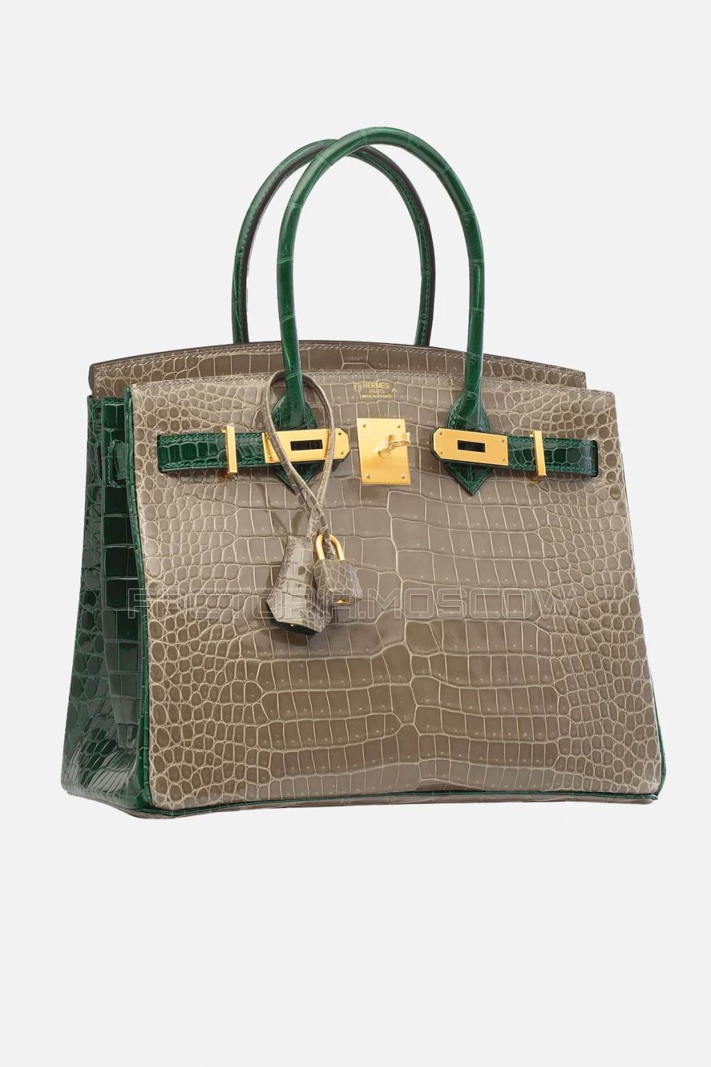 Hermes Birkin 30 Shiny Gris Tourterelle/Vert Fonce Porosus Crocodile With Brushed GHW