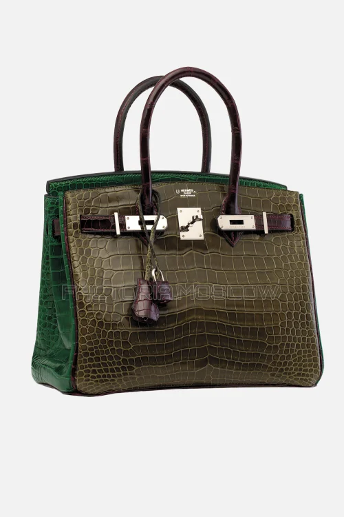 Hermes Birkin 30 Shiny Vert Veronese, Vert Emeraude, Bordeaux Porosus Crocodile PHW