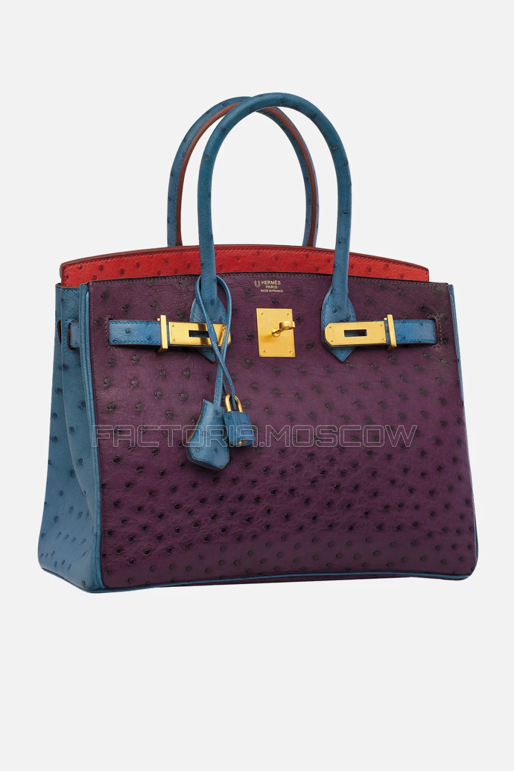 Hermes Birkin 30 Violine, Rouge Vif, Bleu Roi Ostrich With Brushed GHW