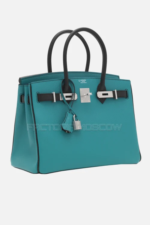 Hermes Birkin 30 Bleu Paon/Black Epsom With Brushed Palladium