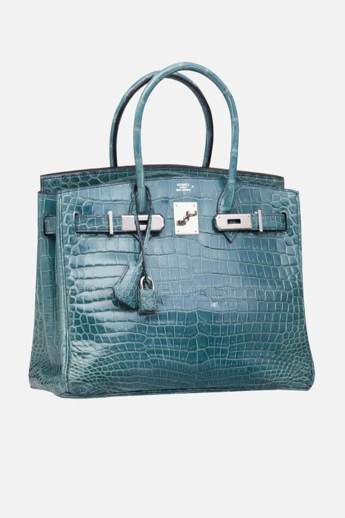 Hermes Birkin 30 Shiny Bleu Jean Porosus Crocodile PHW