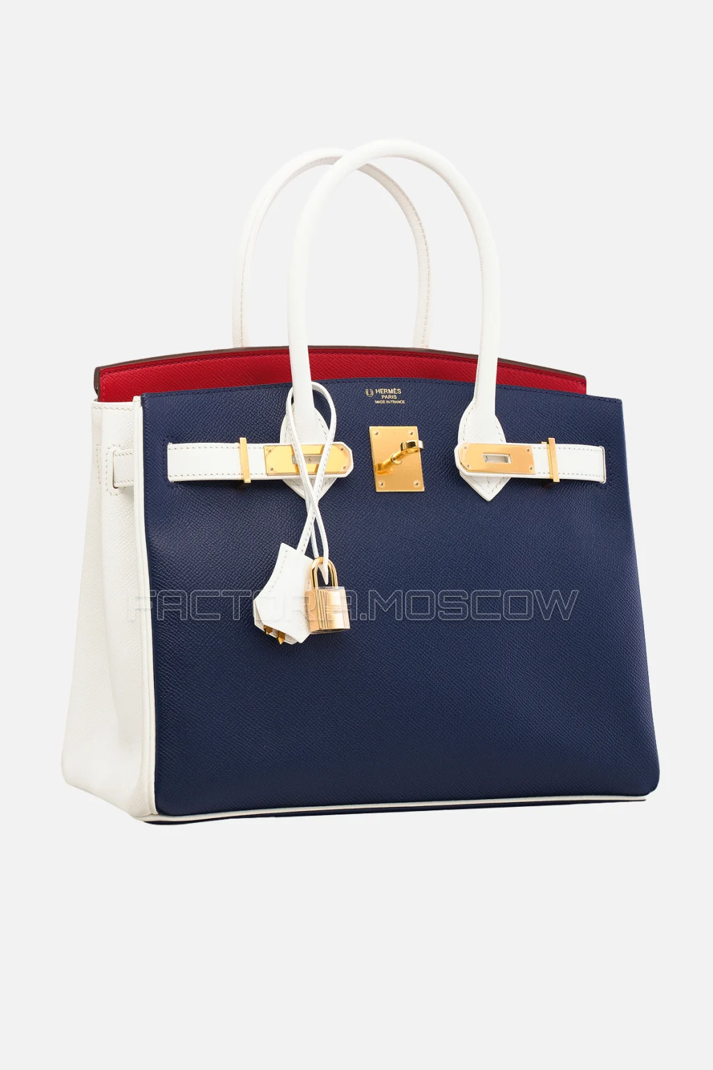 Hermes Birkin 30 Bleu Marine, Rouge Casaque, White Epsom GHW