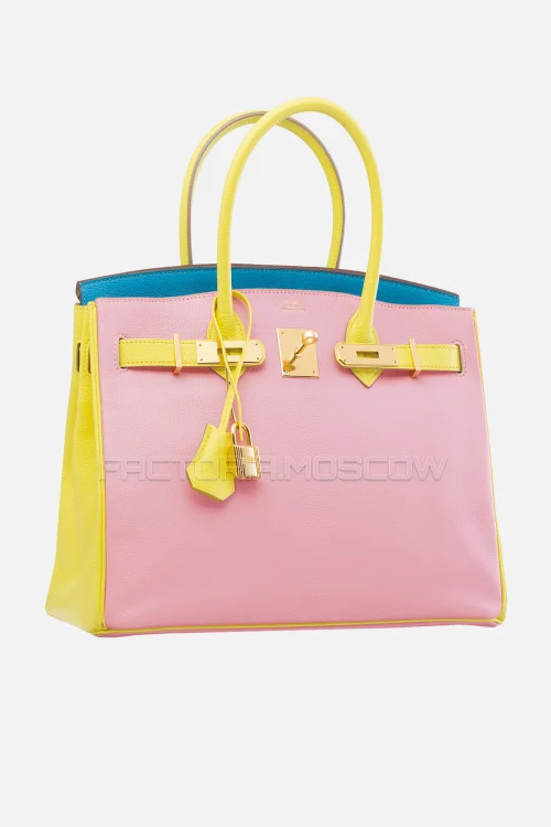 Hermes Birkin 30 Rose Confetti, Soufre, Bleu Azteque Chevre GHW