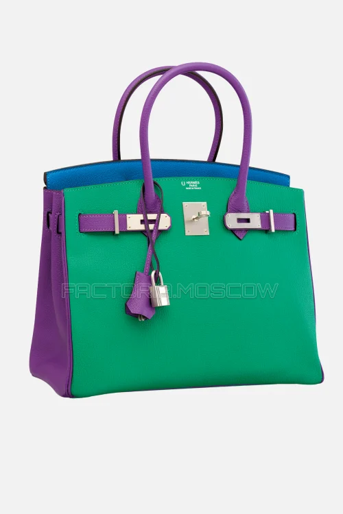 Hermes Birkin 30 Menthe, Bleu Électrique, Violet Chevre Brushed PHW