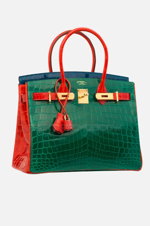 Hermes Birkin 30 Shiny Vert Emeraude, Bleu Izmir, Geranium Niloticus Crocodile GHW