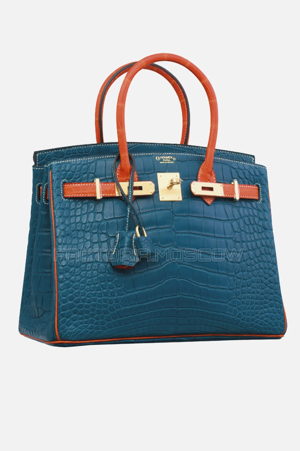 Hermes Birkin 30 Matte Bleu De Malte/Orange Alligator With Brushed GHW
