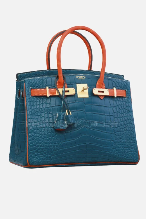 Hermes Birkin 30 Matte Bleu De Malte/Orange Alligator With Brushed GHW