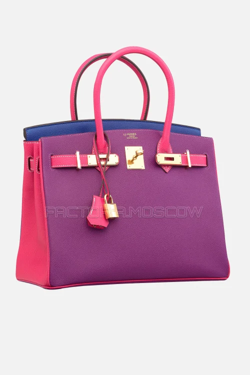Hermes Birkin 30 Anemone, Rose Tyrien, Bleu Électrique Epsom GHW