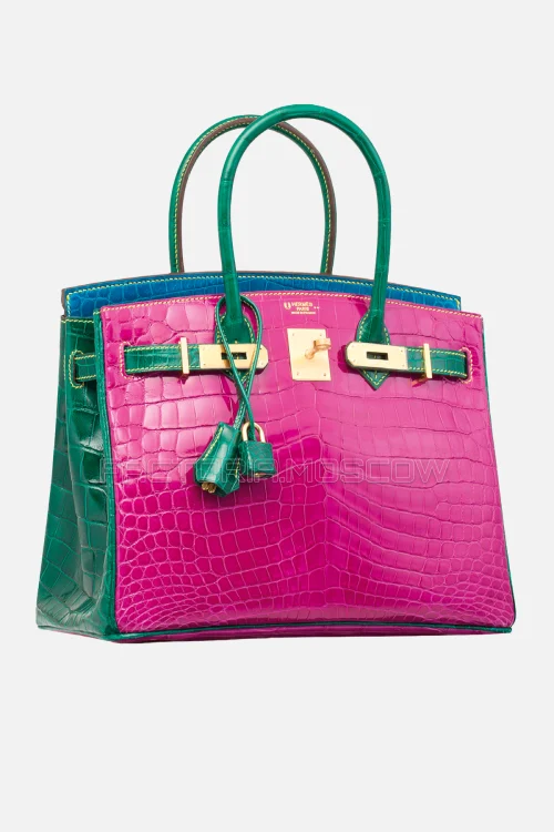 Hermes Birkin 30 Shiny Rose Scheherazade, Vert Emeraude, Bleu Izmir Niloticus Crocodile With Brushed GHW