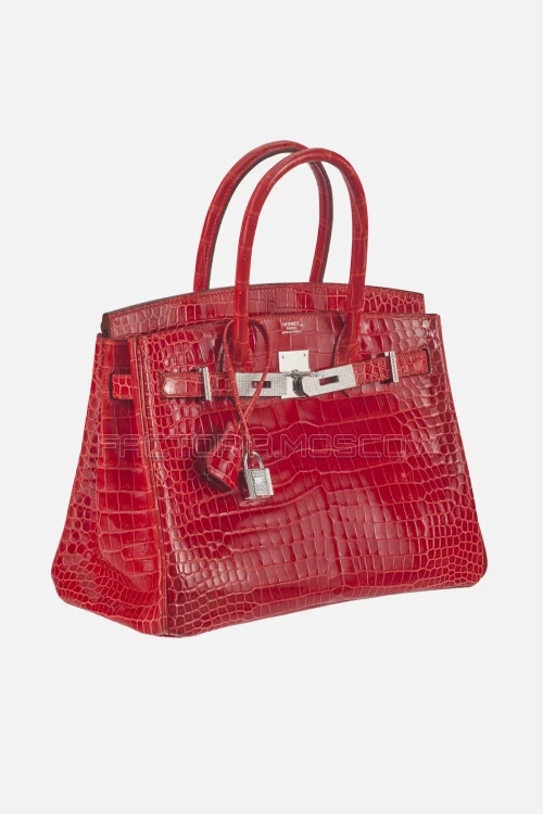 Hermes Birkin 30 Shiny Porosus Crocodile Sanguine With 18K White Gold/Diamond Hardware