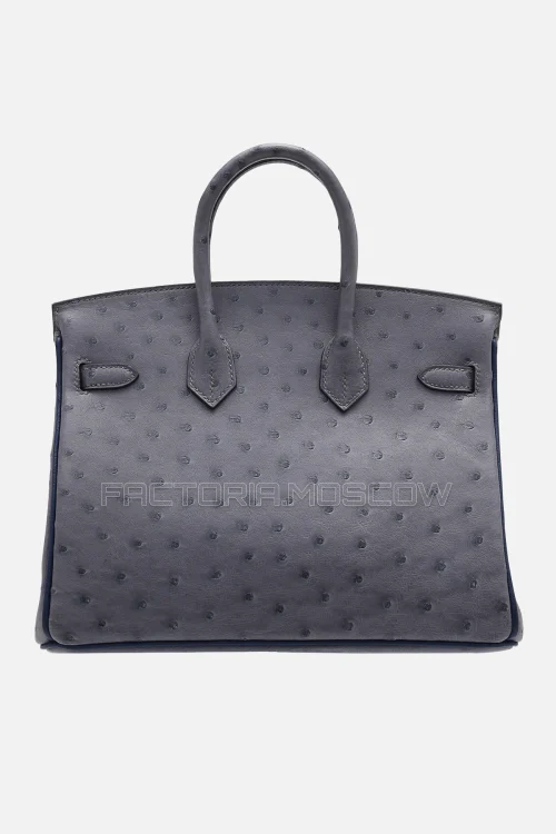 Hermes Birkin 25 Ostrich Gris Agate/Bleu Iris PHW