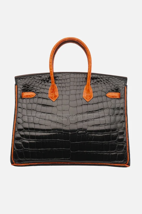 Hermes Birkin 25 Shiny Black/Orange Niloticus Crocodile PHW