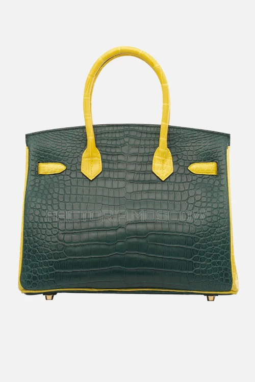 Hermes Birkin 30 Matte Porosus Vert Titien/Mimosa With Brushed Gold Hardware