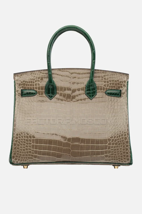 Hermes Birkin 30 Shiny Gris Tourterelle/Vert Fonce Porosus Crocodile With Brushed GHW