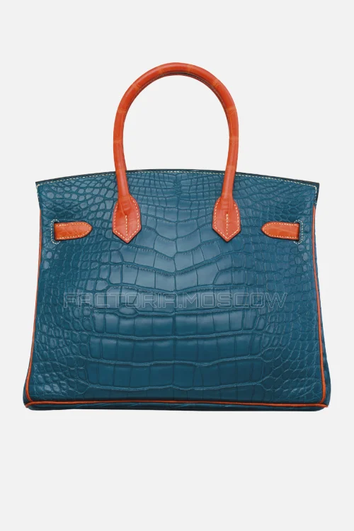 Hermes Birkin 30 Matte Bleu De Malte/Orange Alligator With Brushed GHW
