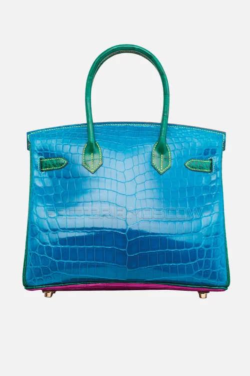 Hermes Birkin 30 Shiny Rose Scheherazade, Vert Emeraude, Bleu Izmir Niloticus Crocodile With Brushed GHW