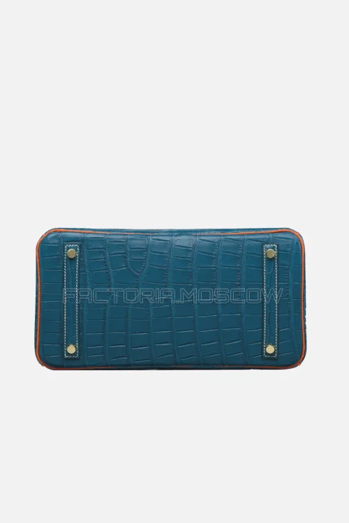 Hermes Birkin 30 Matte Bleu De Malte/Orange Alligator With Brushed GHW