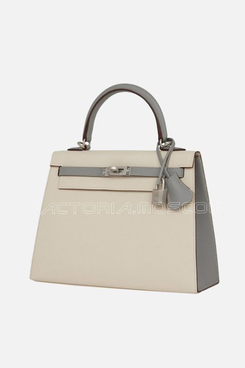 Hermès Special Order (HSS) Kelly Sellier 25 Craie and Gris Mouette Epsom Brushed PHW